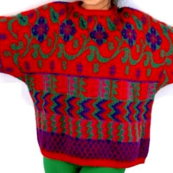United Colors Of Benetton Sweaters - 🎉HP🎉 United Colors of Benetton RED Multicolor Oversized Mohair Blend Sweater